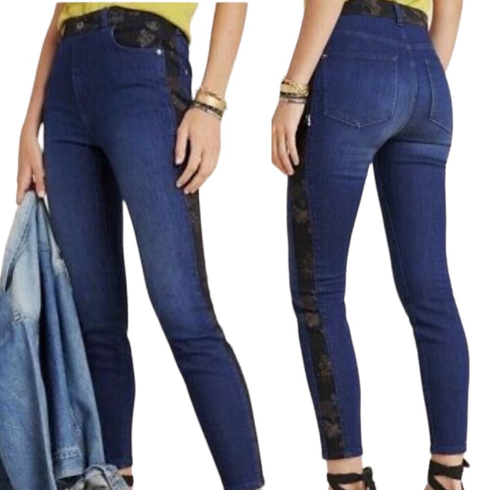 Anthropologie Pilcro Dark Blue Cotton High Rise Floral Tuxedo Skinny Jeans 27